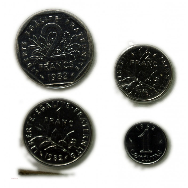 FDC -1 Centime, 1/2 Franc, 1 Franc, 2 Francs, 1982 sous blister, lartdesgents