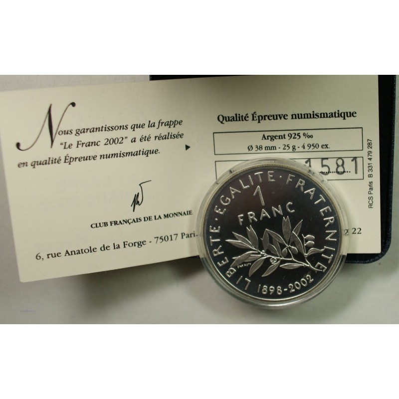 MÉDAILLE - 1 Franc 1898 - 2002 - Fin du cours légal du FRANC, lartdesgents.fr