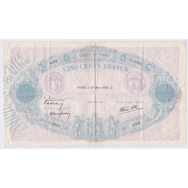 Bleu & Rose - 500 Francs 30 mars 1939 F.31-29 TB, lartdesgents