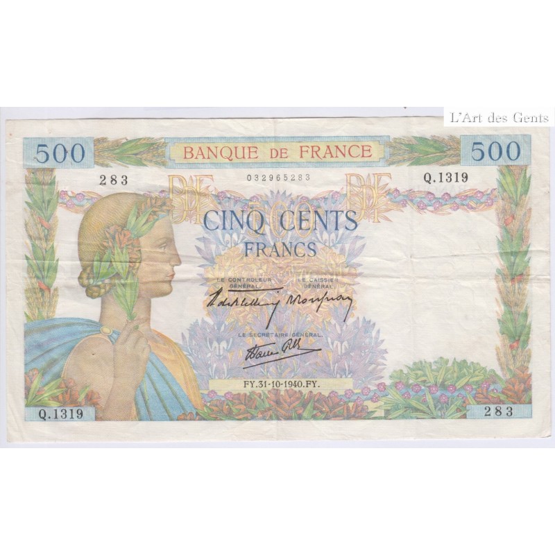 La Paix - 500 Francs 31 oct 1940 TTB cote 70€, lartdesgents