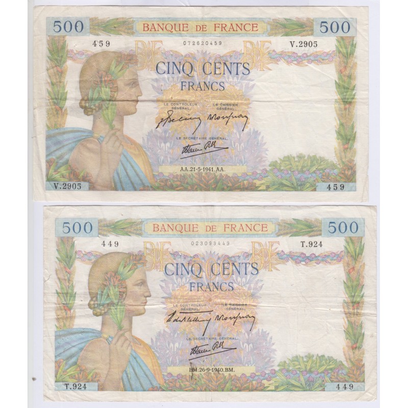 La Paix - lot de 500 Francs 26 Sept. 1940, 21 Mai 1941, lartdesgents
