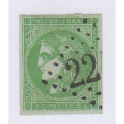 N°42B , 5c. vert-jaune report 2, déc 1870 Oblitéré charnière cote 220 Euros lartdesgents.fr