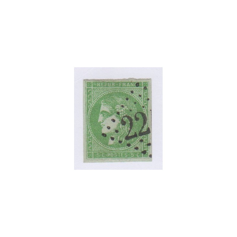 timbre n°42B , 5c. vert-jaune report 2, déc 1870 Oblitéré cote 220 Euros lartdesgents