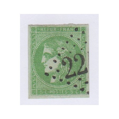 timbre n°42B , 5c. vert-jaune report 2, déc 1870 Oblitéré cote 220 Euros lartdesgents