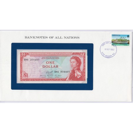 Caraïbe - 1 Dollar - P13 - dans enveloppe 1er jour,  lartdesgents