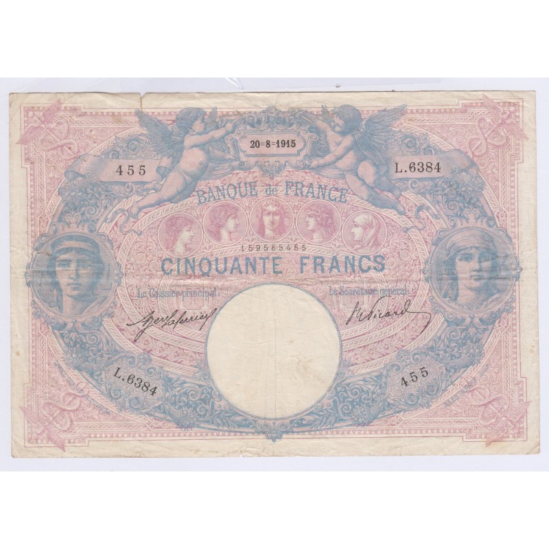 France - 50 Francs bleu et rose - 20-08-1915, lartdesgents.fr