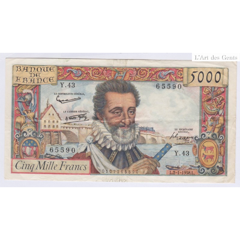 France - 5000 Francs Henri IV  - 2-01-1958 - TTB, lartdesgents.fr
