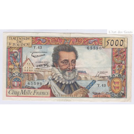 France - 5000 Francs Henri IV  - 2-01-1958 - TTB, lartdesgents.fr