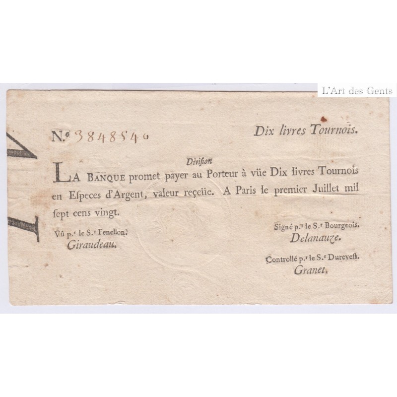 France - Banque de law - Dix Livres Tournois - 1720 - TB+, lartdesgents.fr