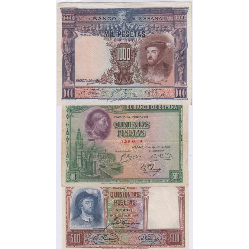 Espagne - Lot 3 Billets, 500 pesetas1928 + 1931 et 1000 pesetas 1925 lartdesgents.fr