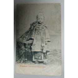 RARE carte postale SINGAPOUR FULL enfant habillé Chinois 1906 avec timbre Kanda