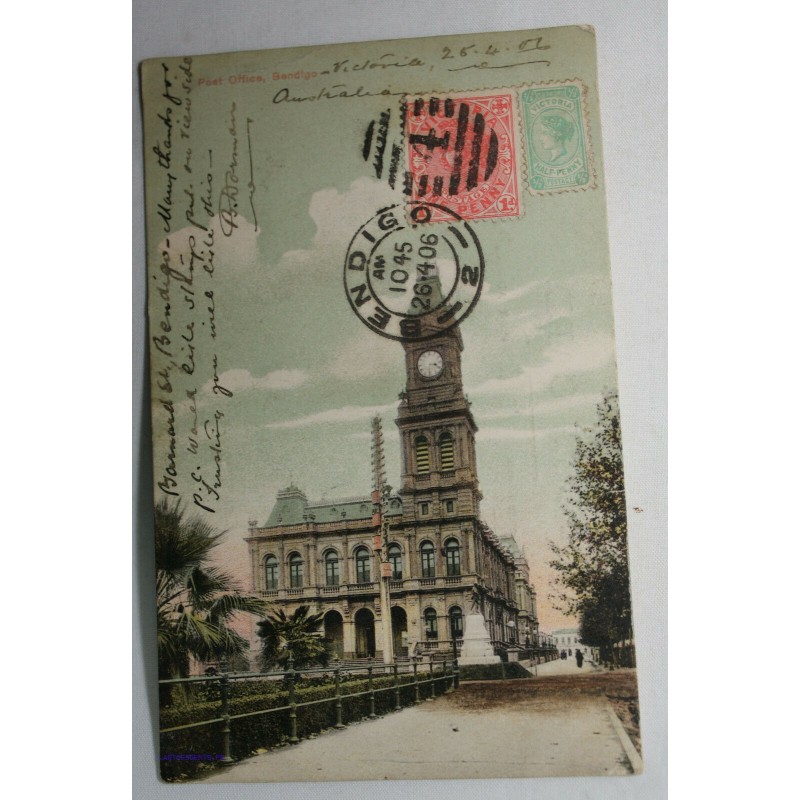 Postcard post office Bandigo,1906 taxe stamp, lartdesgents.fr