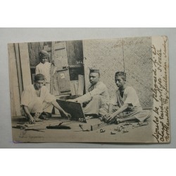 CPA - India Native Carpenters with pair of stamps and Jullundur postage.