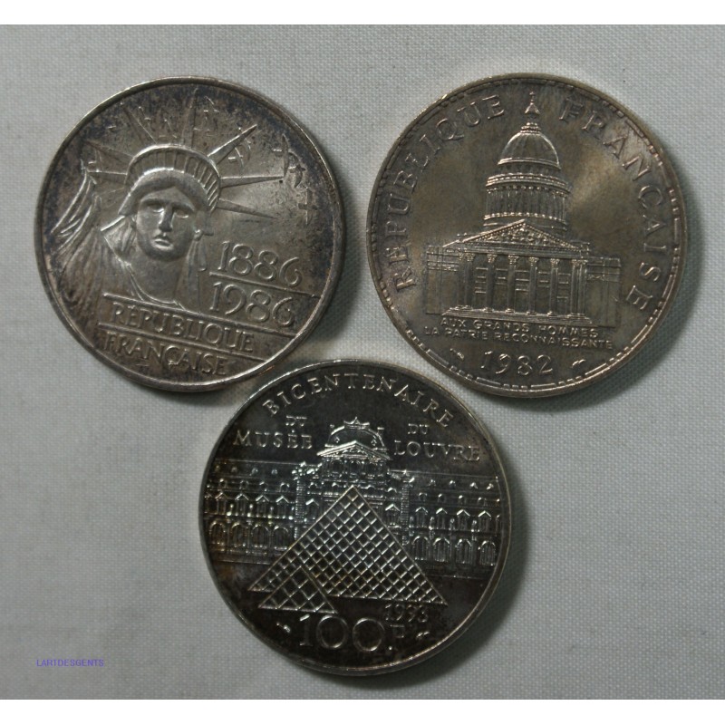 3 pièces différentes de 100 Francs argent, lartdesgents.fr