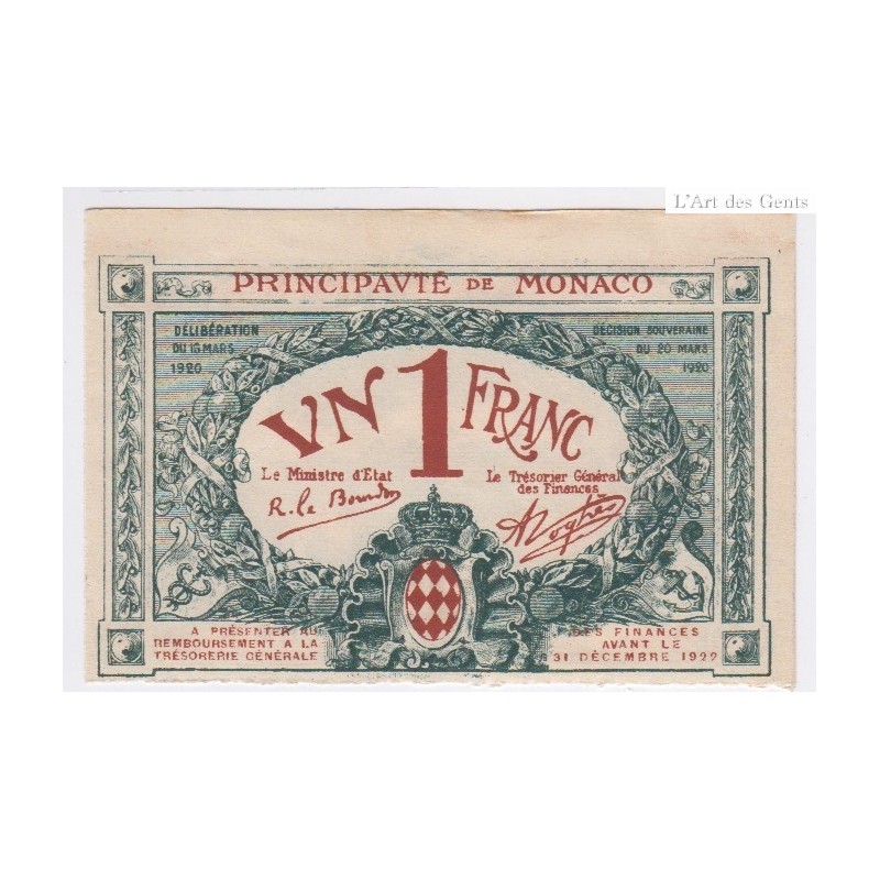 Billet MONACO 1 Franc 1920 série b - sans numéro Presque NEUF lartdesgents