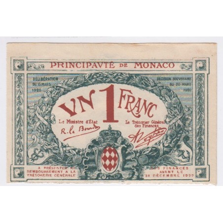 Billet MONACO 1 Franc 1920 série b - sans numéro Presque NEUF lartdesgents.fr