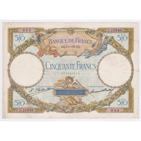 Billet France 50 Francs Luc Olivier Mercier 8-09-1932, U.10948 n°843, TTB, Cote 150 Euros lartdesgents.fr