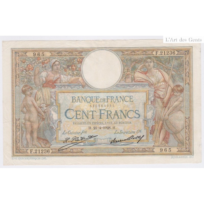 Billet France 100 Francs Luc Olivier Merson 21-04-1928, F.21236 n°965, lartdesgents.fr