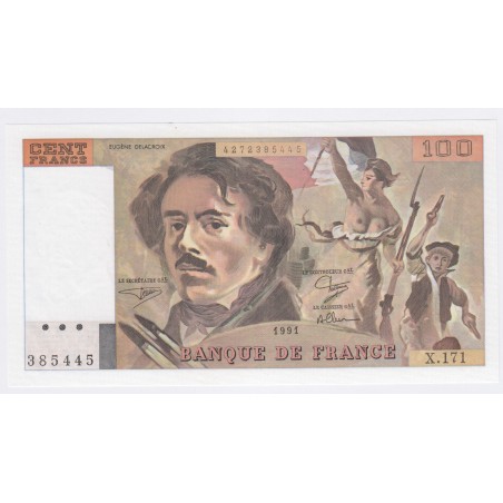 Billet France 100 Francs Delacroix 1991, X.171 385445, Neuf  lartdesgents.fr