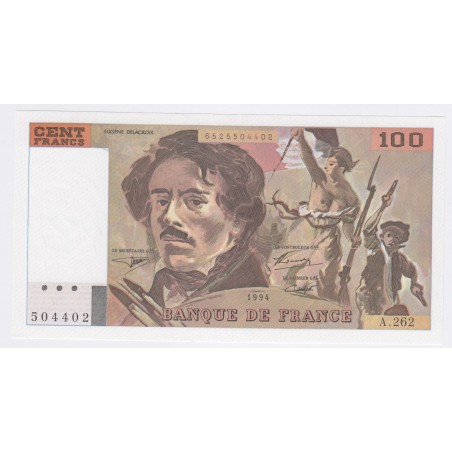 Billet France 100 Francs Delacroix 1994, A.262 504402, Neuf, cote 60 euros,  lartdesgents.fr