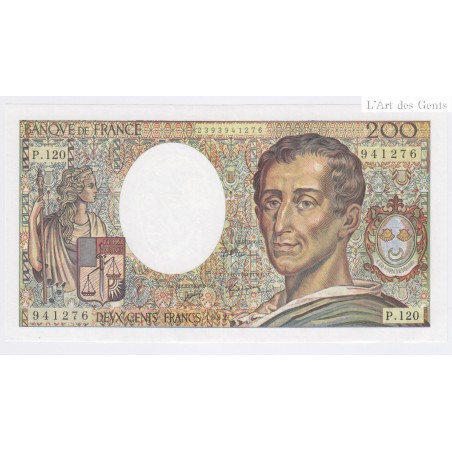 France 200 Francs Montesquieu 1992, P.120 941276, Neuf, Cote 60 Euros, lartdesgents.fr