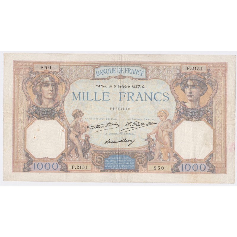 France 1000 Francs Cérès et Mercure 6 Octobre 1932, P.2151 850, TTB, lartdesgents.fr