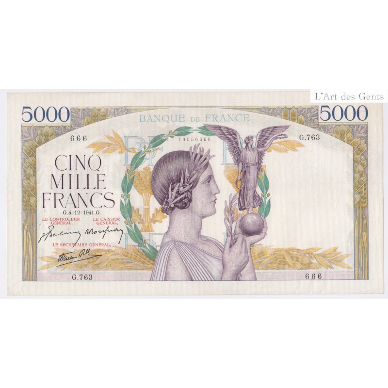 France 5000 Francs Victoire 4-12-1941, G.763 666, TTB+, lartdesgents.fr