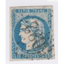 Timbre France N°44 - 20 c. bleu - oblitéré  - cote 850  Euros- signé Calvès - lartdesgents.fr