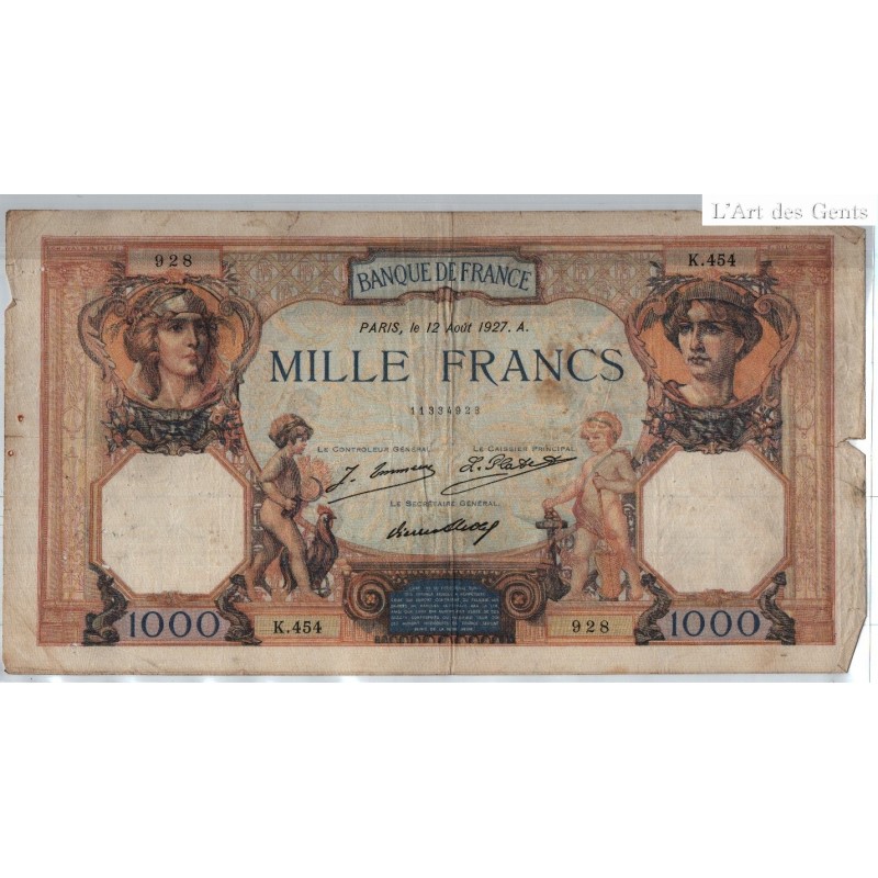 France 1000 Francs Cérès et Mercure 12 AOUT 1927, K.454 928, TB, lartdesgents.fr