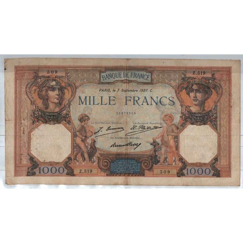 France 1000 Francs Cérès et Mercure 7 Septembre 1927, Z.519 309, TB, lartdesgents.fr