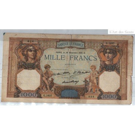 France 1000 Francs Cérès et Mercure 26 NOVEMBRE 1931, G.1627 626, TB, lartdesgents.fr