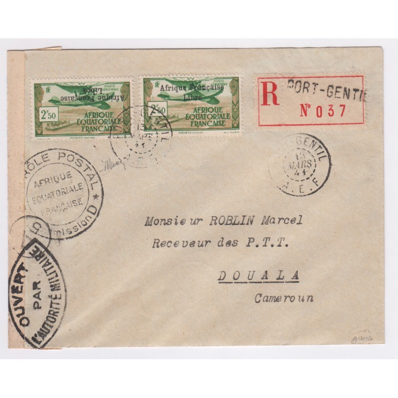 Enveloppe avec 2 timbres AEF postes aérienne n° 15 avec surcharge