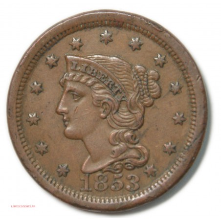 US 1853 braided hair large cent young head, lartdesgents
