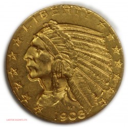 USA - 5$ OR 1908 Indian head, 5 dollars 1908 tête d'indien