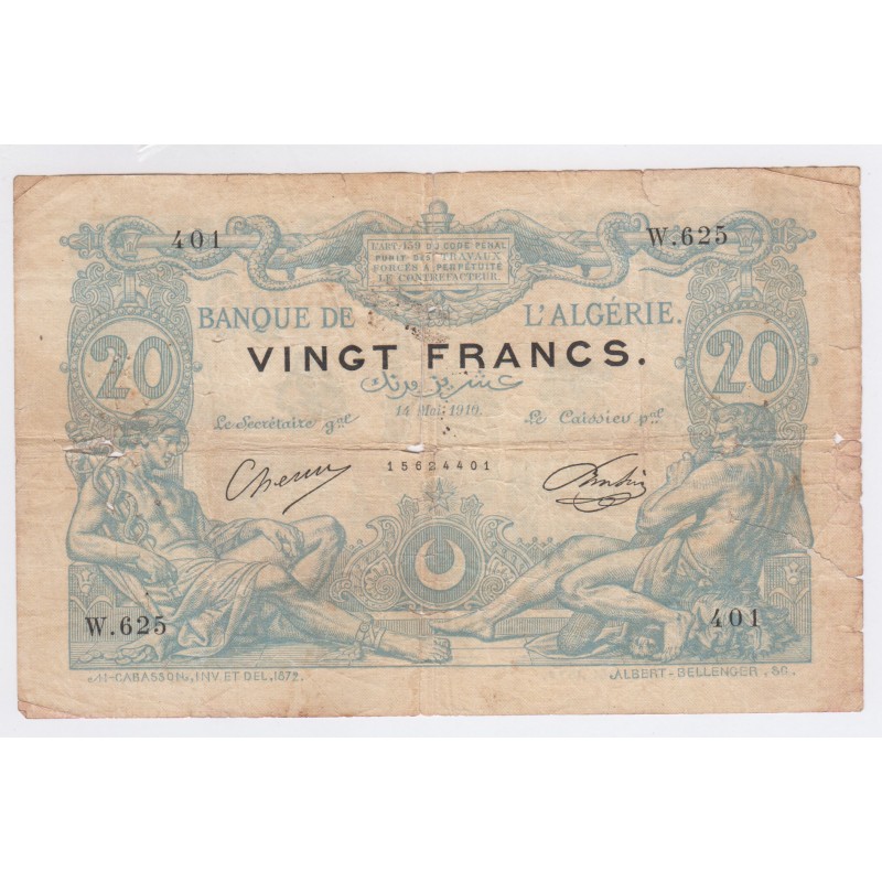 ALGÉRIE 20 Francs 14 Mai 1910 type Cabasson, lartdesgents.fr