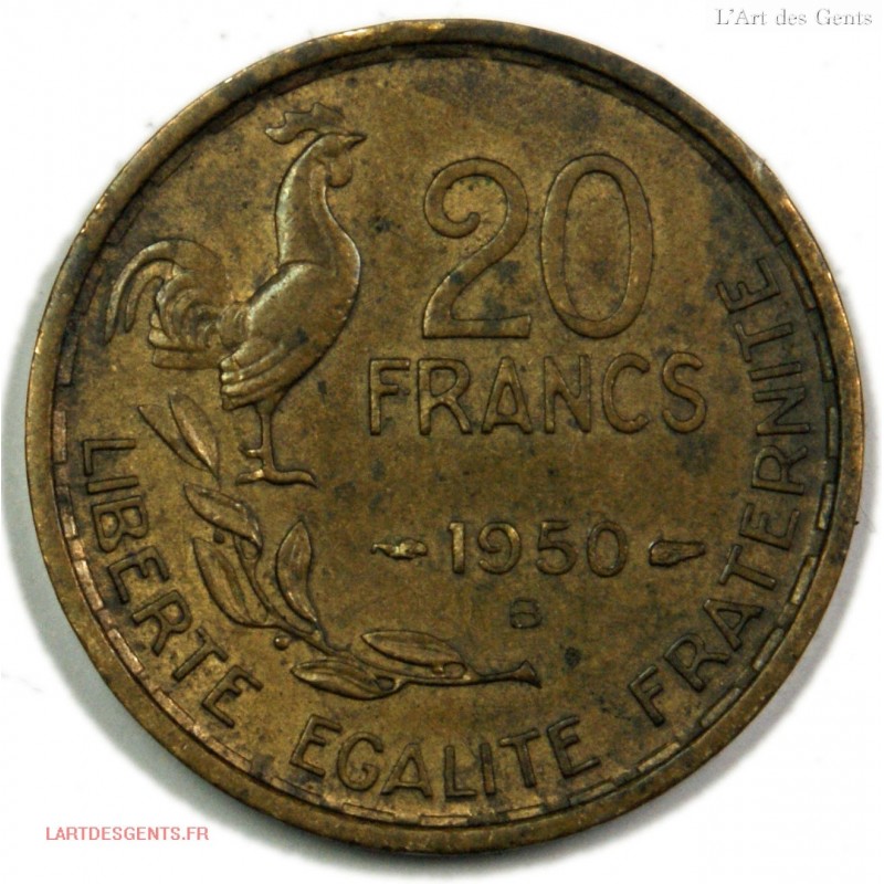 20 Francs 1950 B Georges GUIRAUD 4 Faucilles TTB+, Lartdesgents.fr