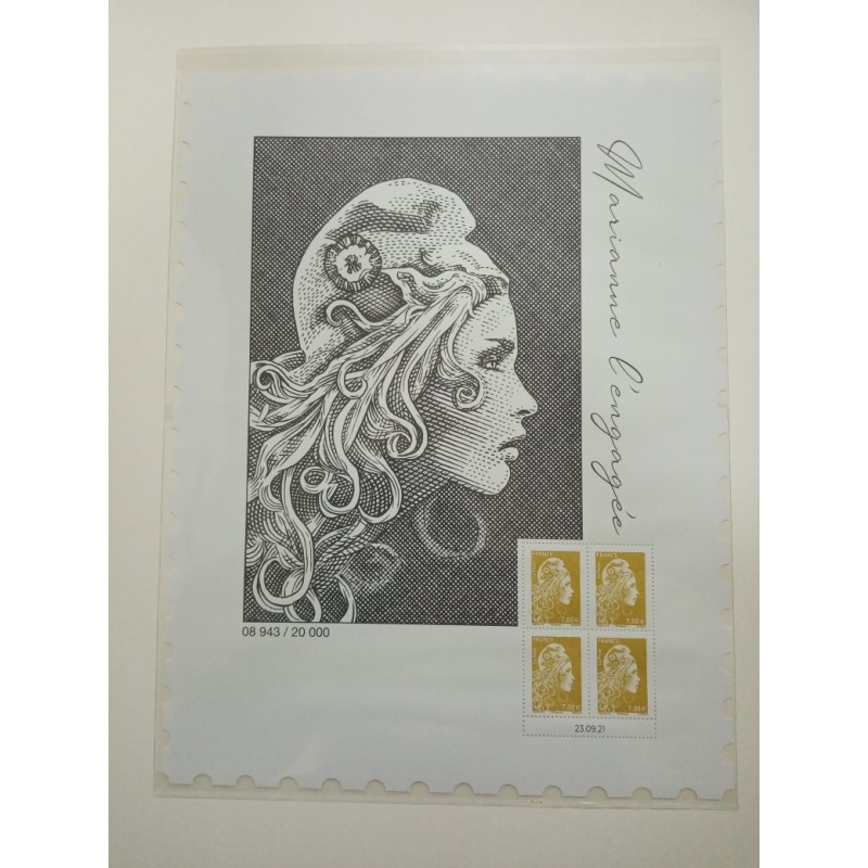 Affiche numérotée "Mariane l'engagée" avec Bloc de 4 timbres marianne "daté" Neuf** lartdesgents.fr