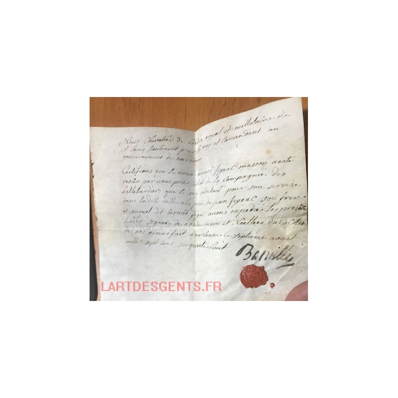 1758. lettre chevalier ordre royal Narbonne, cachet de cire. Rare document velin