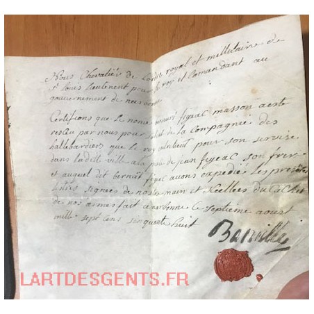 1758. lettre chevalier ordre royal Narbonne, cachet de cire. Rare document velin