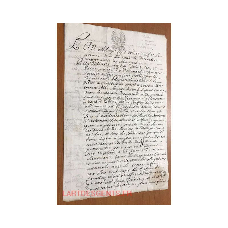 Rare Document 1739 Notaire à Monaco Pour Chevalier Ville de Carpentras Timbre Sec