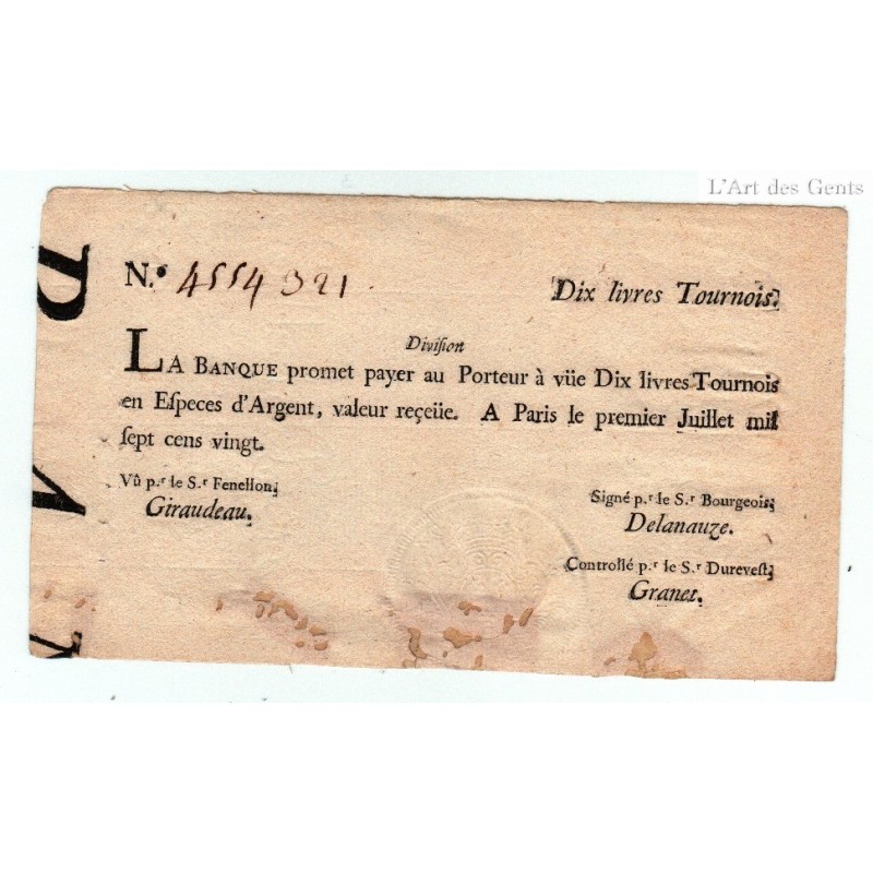 Billets 10 livres tournois Banque Law, Louis XV 1720