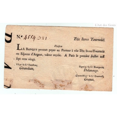 Billets 10 livres tournois Banque Law, Louis XV 1720