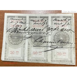 Fiscaux, effets de commerce bande de 3 x20frs N° 120 cote 900€