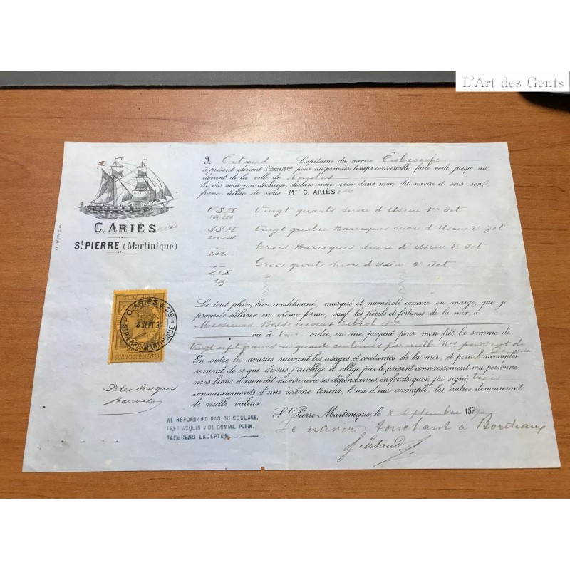 Connaissement daté 1892 pour St Pierre Martinique + estampille de controle