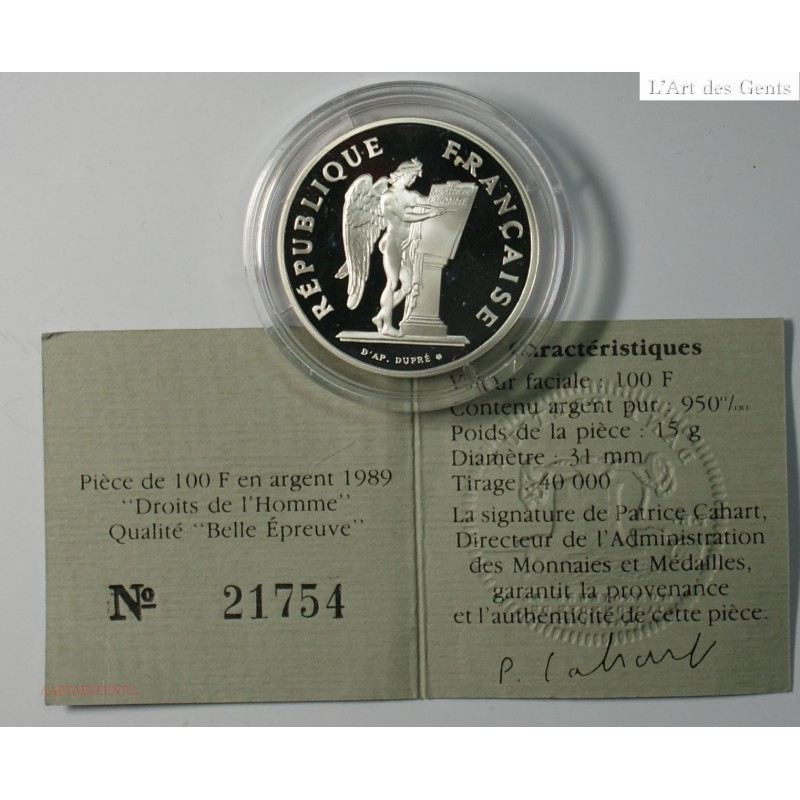 BE 100 Francs 1989 "Droits de l'homme", lartdesgents.fr