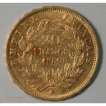 Napoléon III 20 Francs or variante 1860/50 BB Strasbourg TTB, lartdesgents.fr