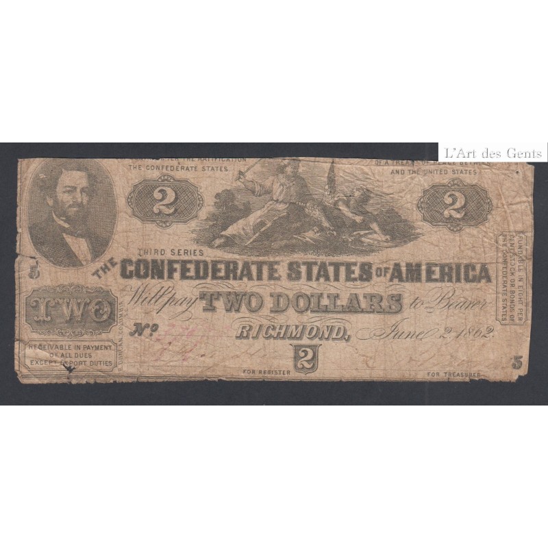 Billet USA Richmond 2 dollars 1862  lartdesgents.fr