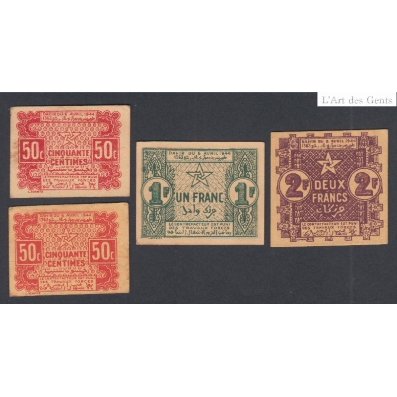 Maroc lot 50 cent- 1 franc- 2 francs 1944, lartdesgents