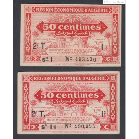 ALGERIE lot de 2 chambre du commerce de 50 centimes - 1944 - spl-  lartdesgents