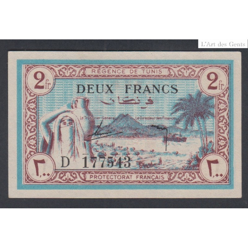 Tunisie - 2 Franc Série D - Type régence de tunis - 1943 - Neuf  lartdesgents.fr